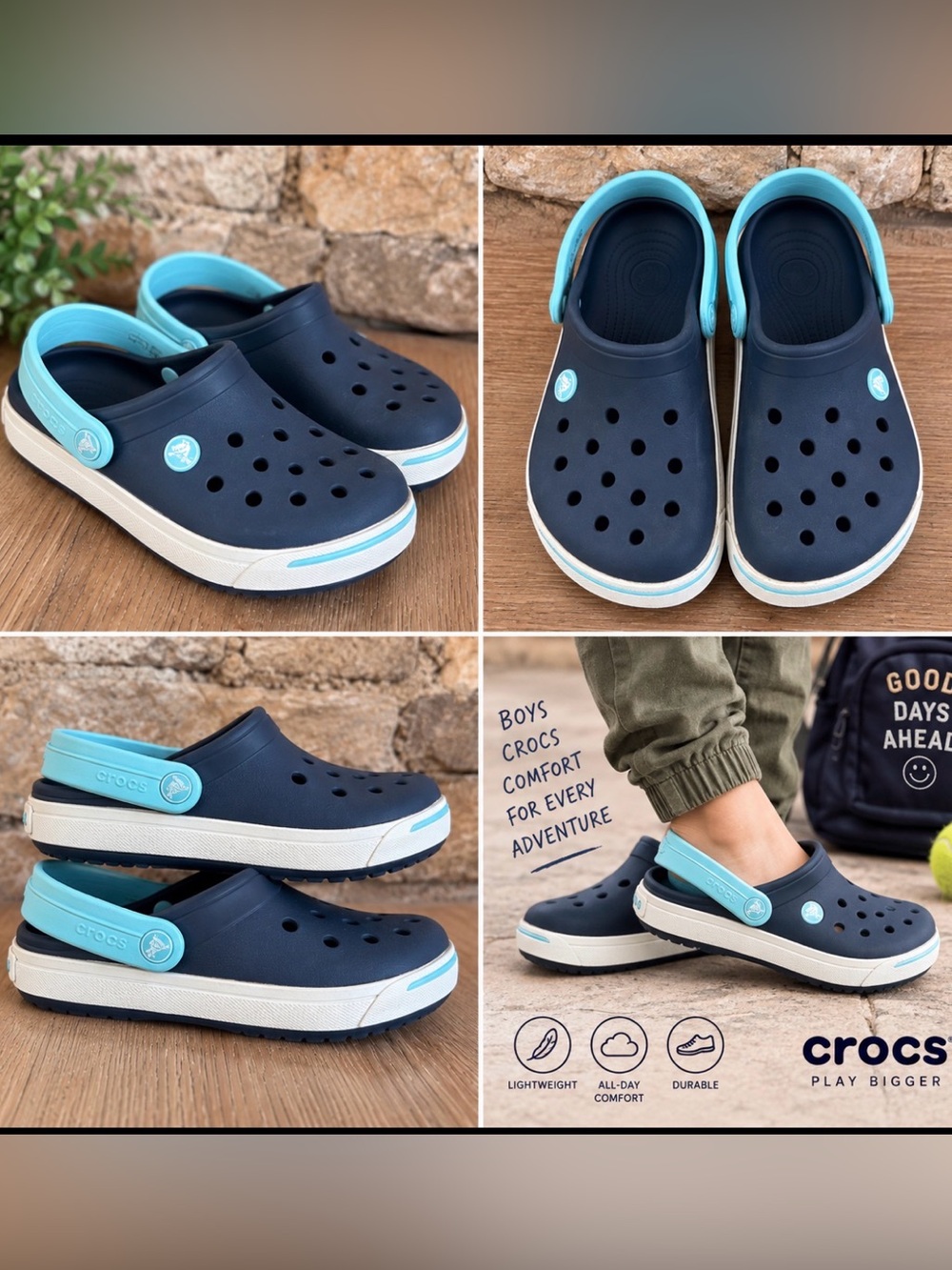 CROCS Sz 3 Kids' Navy and Aqua Classic Clog Good condition PriceFirm